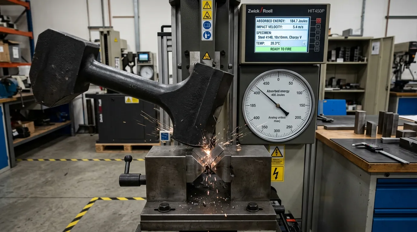 Charpy V-Notch Pendulum Impact Testing Machine striking steel specimen