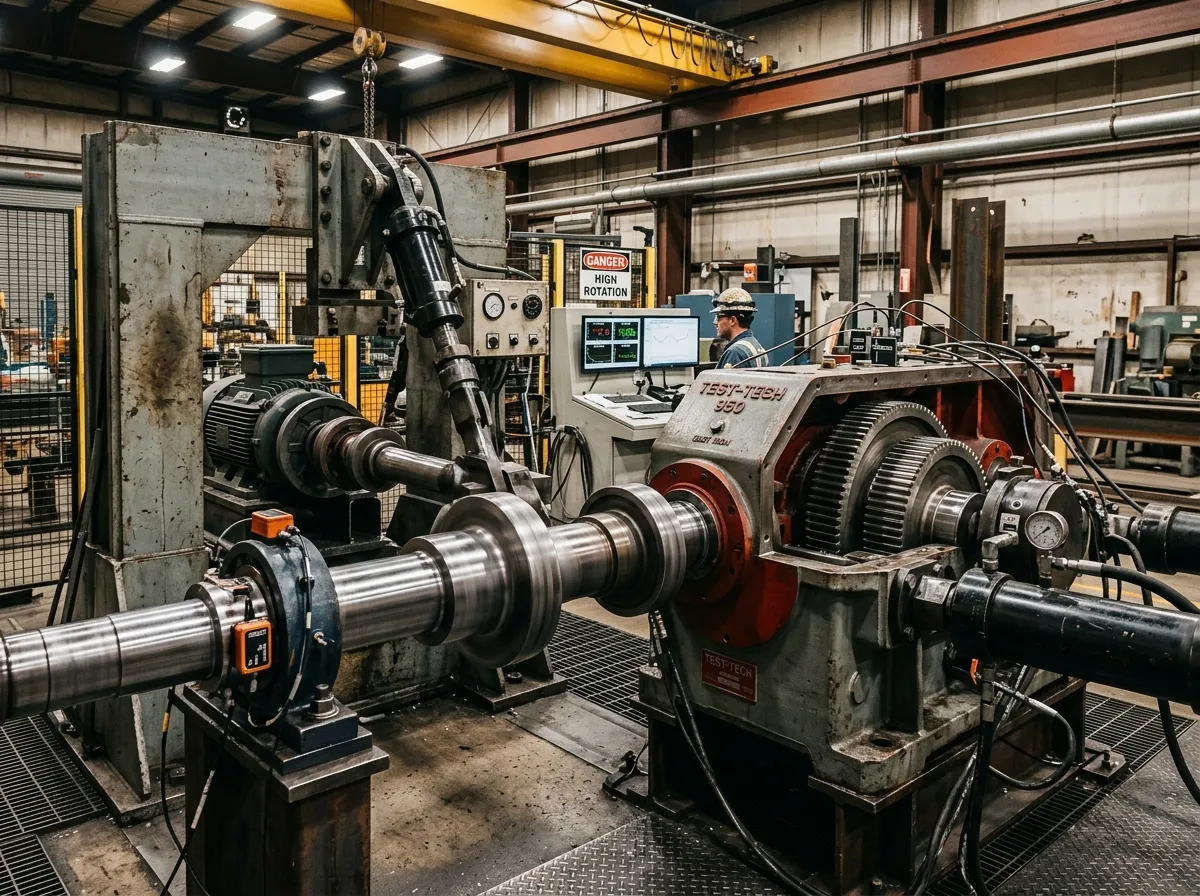 Industrial rotating shaft, gearbox, and turbine components undergoing dynamic fatigue endurance testing