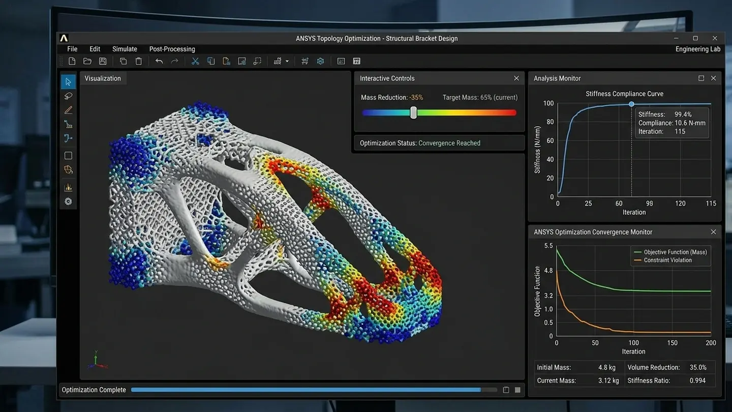 Topology Optimization Density Plot with Live Geometry Morphing and Compliance Curves